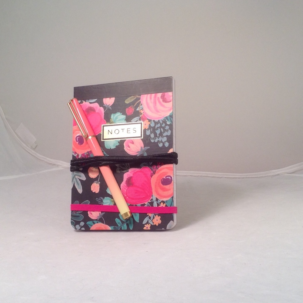 Black Floral Notepad with Sunset Colored Pen
